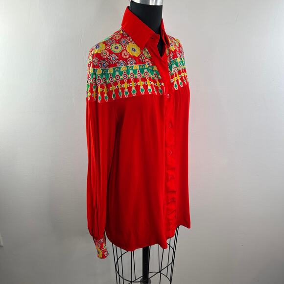 VINTAGE Gottex Red Top Floral Embroidered Collared Long Sleeve Button-Up Small S - Picture 6 of 10